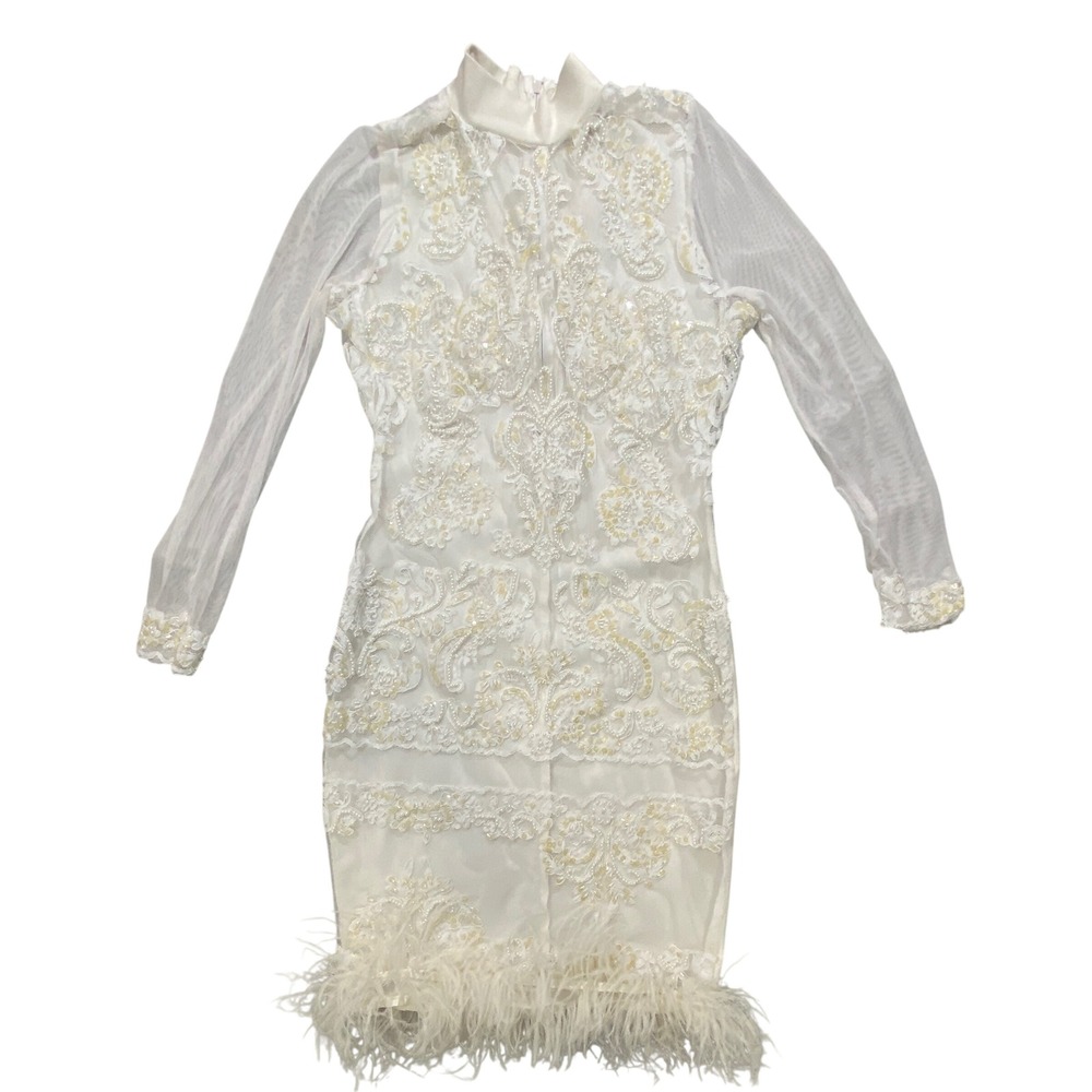 Handmade White Lace Sequin Pearl Feather Trim Mock Neck Mini Dress Mesh L/S